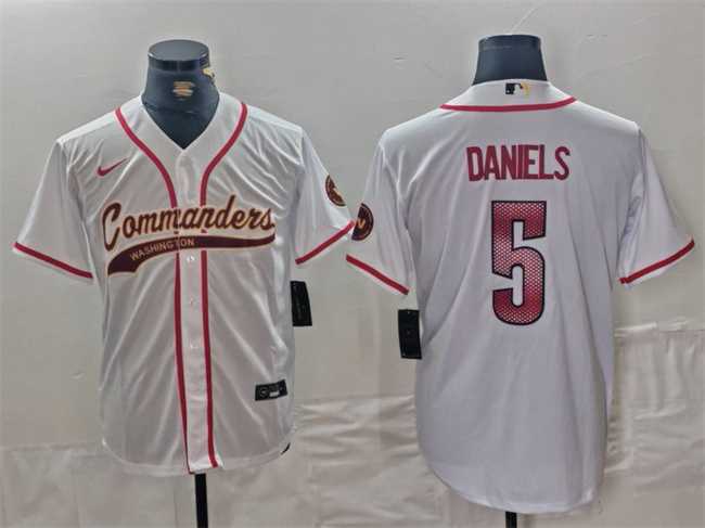 Men%27s Washington Commanders #5 Jayden Daniels White With Patch Cool Base Stitched Baseball Jersey->washington commanders->NFL Jersey